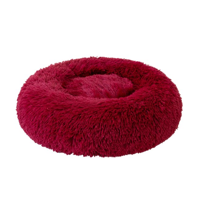 Cama redonda suave y cálida para mascotas, ideal para gatos y perros pequeños, disponible en color vino tinto y tamaño pequeño.