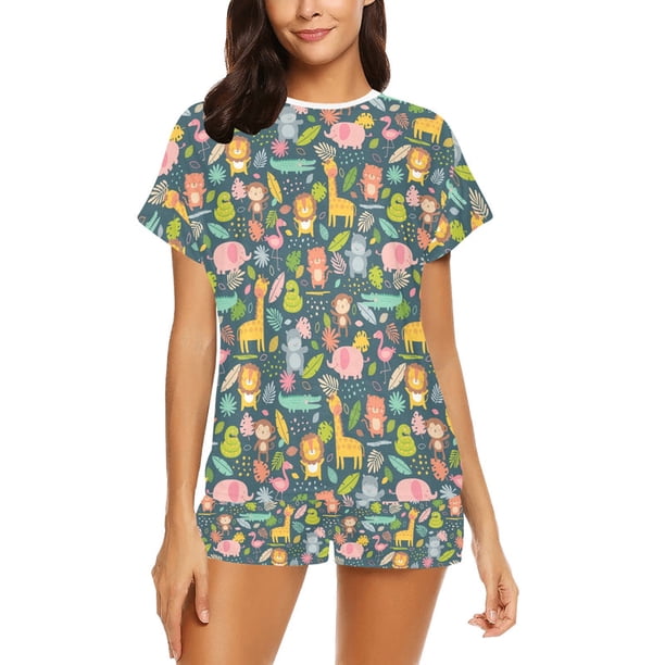 Safari Animal Cartoon Print Design LKS305 Conjunto de pijama corto para mujer