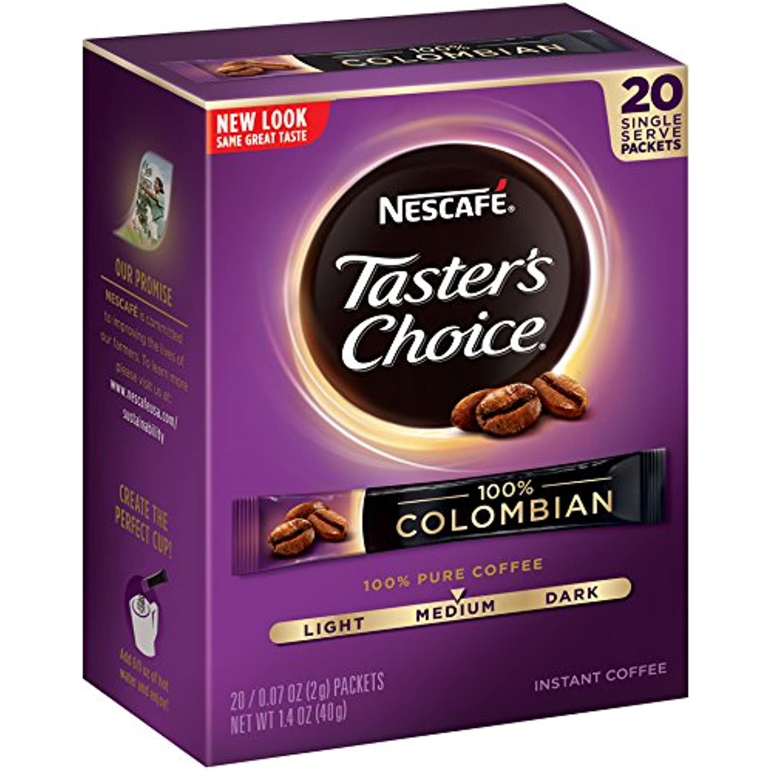 Nescafe Tasters Choice 100 Colombian Instant Coffee, 20 Count Single