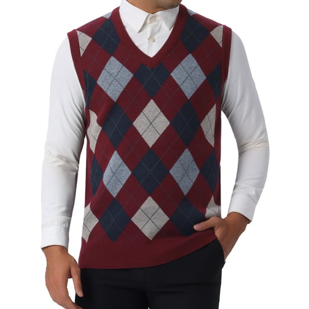CHALCOS CHIC Chalecos de Hombre Argyle Knit Slim Fit Sin Mangas Color Contrast Pullover Chaleco L Burdeos Marino
