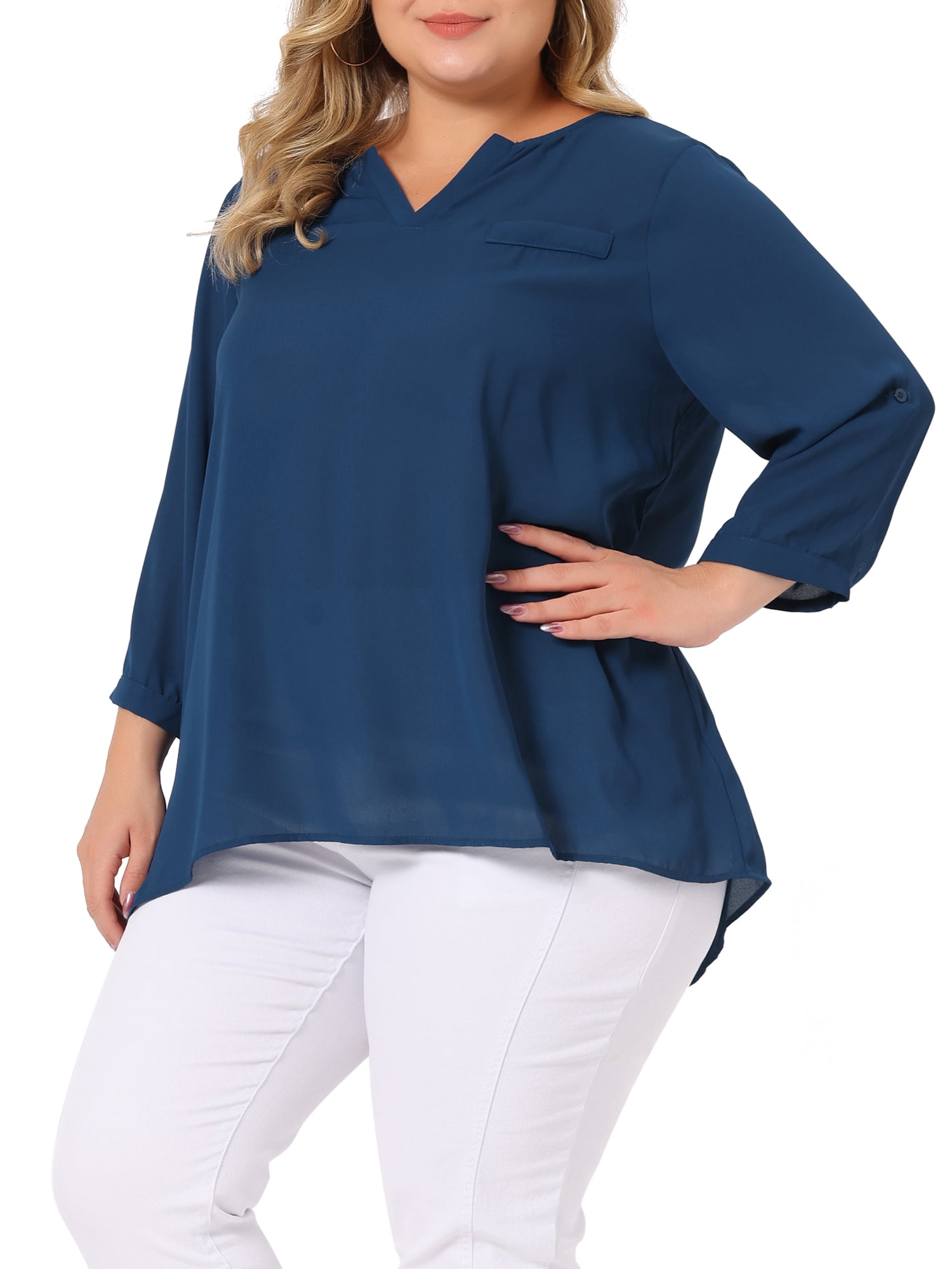 Unique Bargains Women's Plus Size V Neck High Elbow Sleeves Blouse 1X Blue