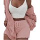 thumbnail image 1 of Pijama de invierno de felpa para mujer, color rosa, de 3 piezas, con capucha y manga larga, chaqueta mullida con frente abierto, abrigo, pantalones cortos y chaleco, ropa para mantener el calor (M), 1 of 2