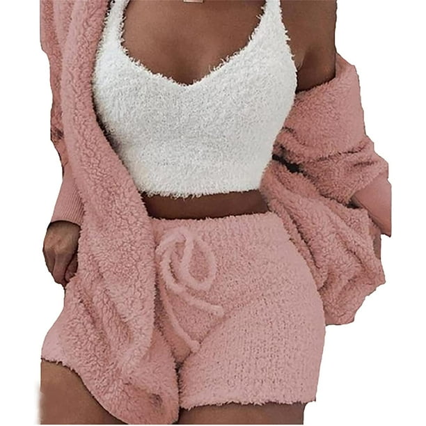 Pijama de invierno de felpa para mujer, color rosa, de 3 piezas, con capucha y manga larga, chaqueta mullida con frente abierto, abrigo, pantalones cortos y chaleco, ropa para mantener el calor (S)