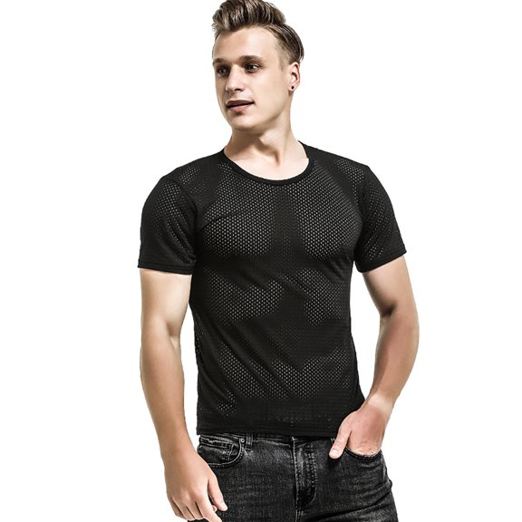 Breathable Mesh Knit Men’s Ice Silk Summer T Shirt Lightweight Slim Fit Short Sleeve Top Round Neck Athletic Tee, L, Black