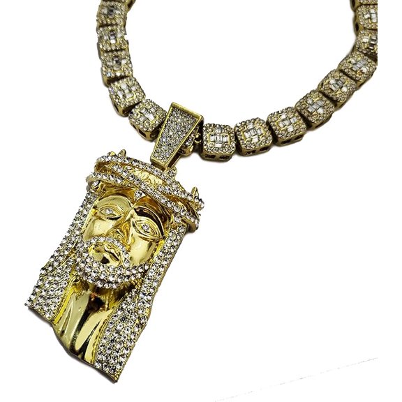 Gold Plated Large Jesus Head Iced Cubic Zirconia Pendant & 12mm 20" Iced Baguette Stone Chain Hip Hop Jewelry Bling Fashion Necklace