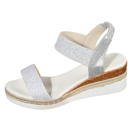 

PEASKJP Women s Sandals Wide Width Womens Sandals Summer Bohemian Flat Sandals Shoes with Elastic Strap Dressy Sandal (Silver 6.5)