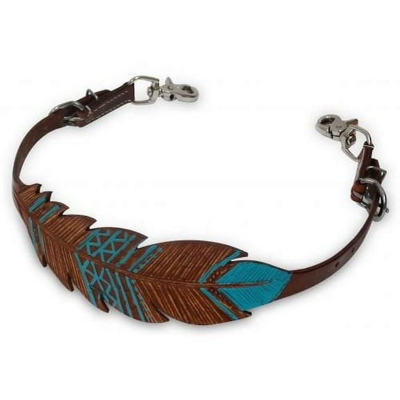Showman Cut-Out Hand Painted Teal Feather Leather Wither Strap