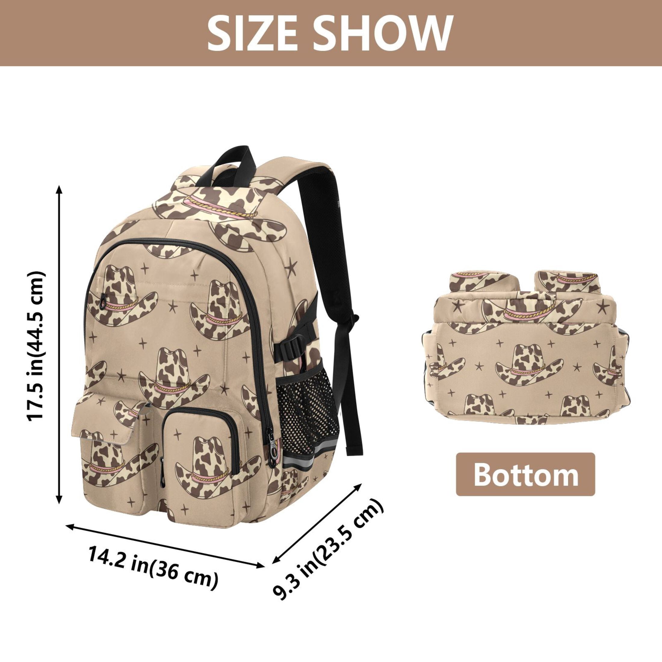 DIXRUYEE Retro Cowboy Hats with Cow Print Wild West Backpack for School 14”Laptop Compatible with Reflective Safety Strips