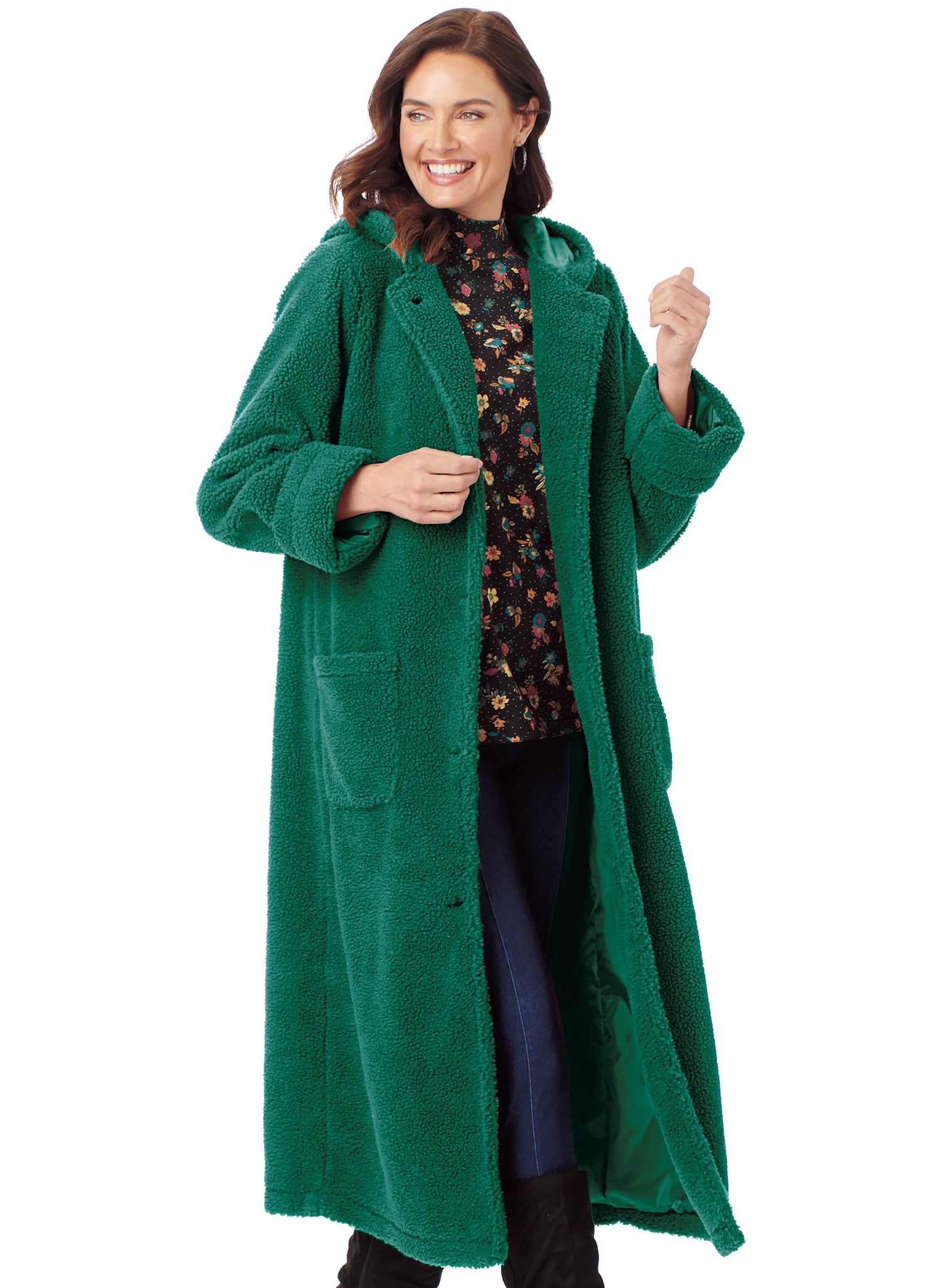 Long Coat with Button Front and Cuff Sleeves Black XL AmeriMark Women’s Berber Coat 