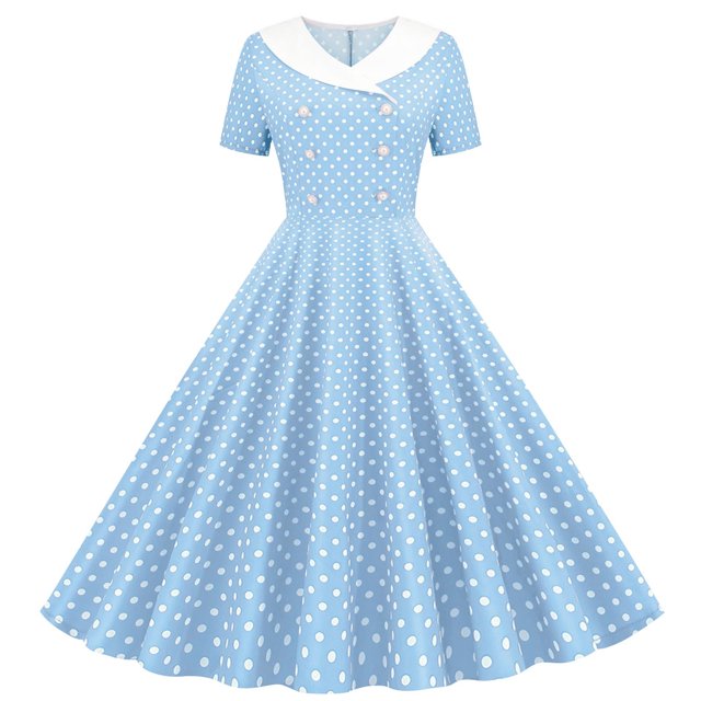 Dvprdro Robe de Bal pour Femme Invitée de Mariage Mode Vintage à Pois Imprimée Manches Courtes Ligne A Évasée Cocktail Fête Robe Midi