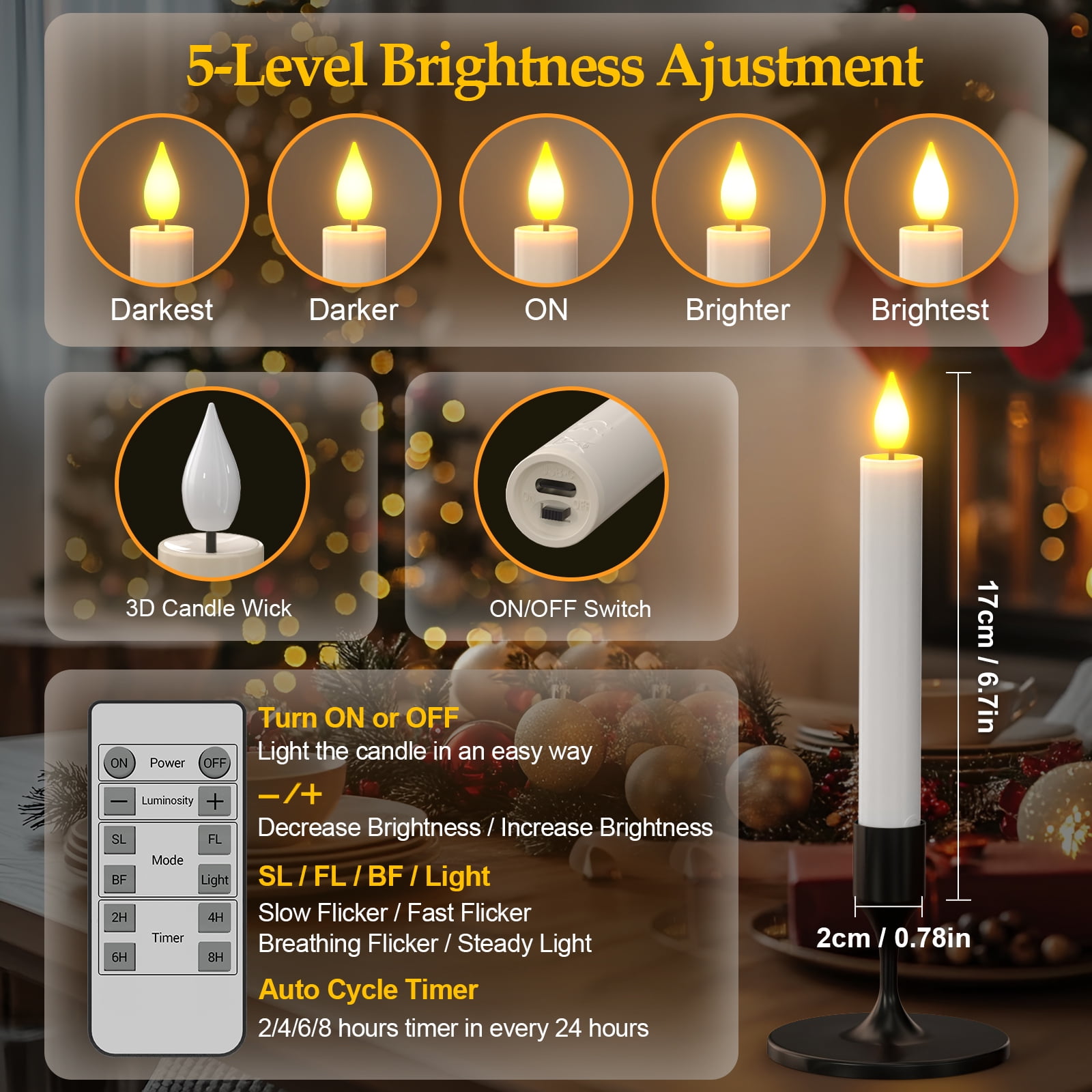 PChero Rechargeable Flameless Taper Candles with Remote Timer & Charging Base, 10pcs LED Candlesticks Flickering, 6.7" Battery Electric LED Taper Candles for Home Wedding Christmas Decor