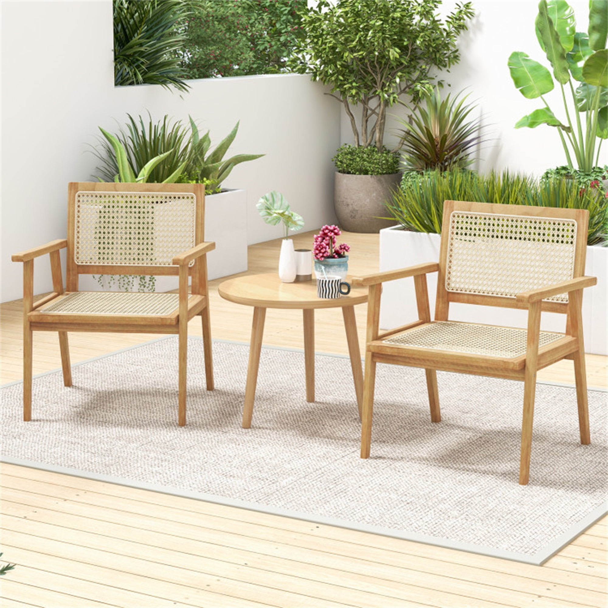 Demi Bonn Indonesia Teak Wood Dining Chair with Natural Rattan Seat and Curved Backrest for Backyard Porch Balcony, Beige