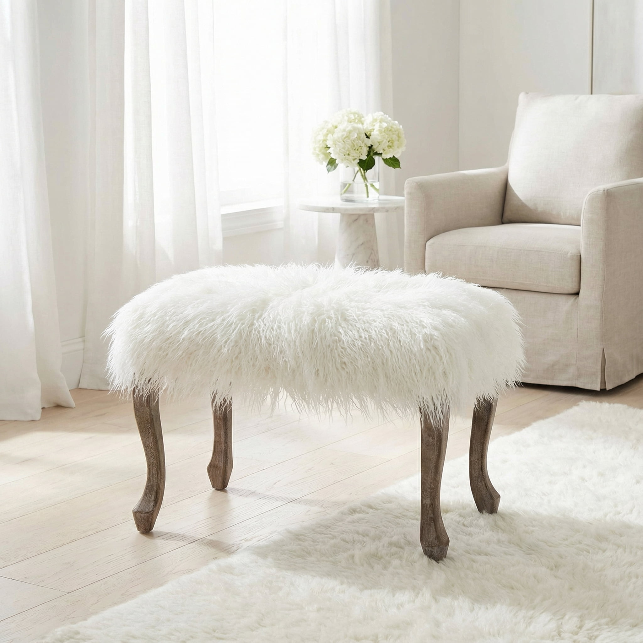 Cortesi Home Harlow Bench Ottoman, White Faux Fur with Driftwood Legs
