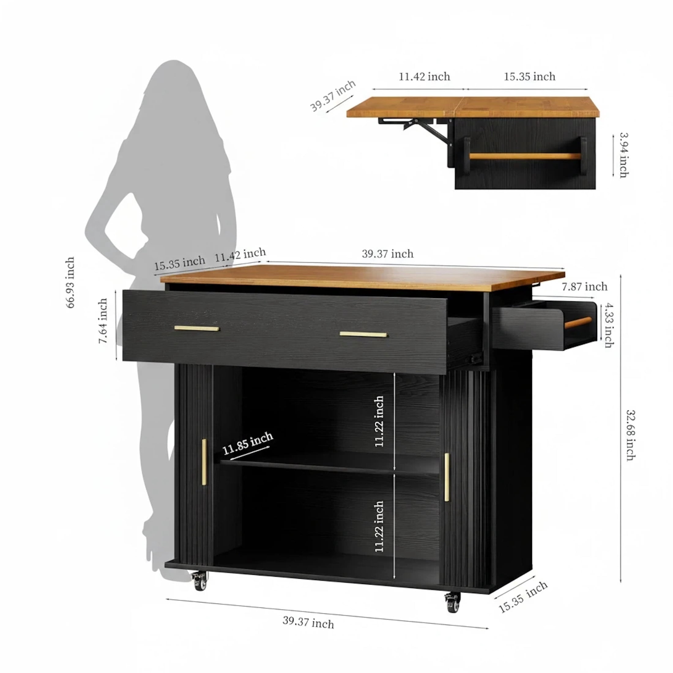 Aisword Rolling Kitchen Island with Drop Leaf Countertop, Mobile Kitchen Cart on Wheels, Sliding Door, Drawers, Spice Rack & 2-Tier Storage, Black