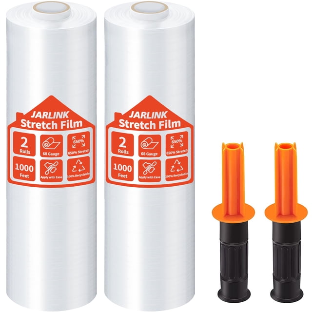 JARLINK Paquete de 2 películas elásticas de 15 pulgadas x 1000 pies, envoltura retráctil para envoltura de paletas, resistencia industrial, estiramiento de hasta 650 % con asas, embalaje autoadhesivo,