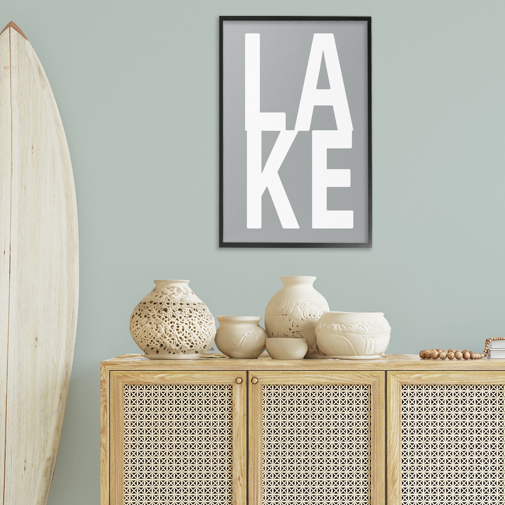 Stupell Industries Lake Word on Grey Typography Painting Black Framed Art Print Wall Art, 20 x 30