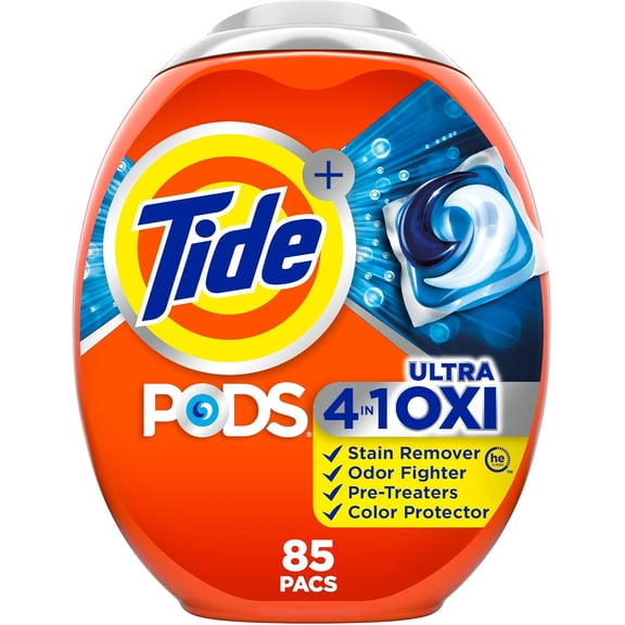 4-in-1 Ultra Oxi PODS Laundry Detergent Pacs, 85 Count, HE Compatible, Built in Pre-treater for Stains