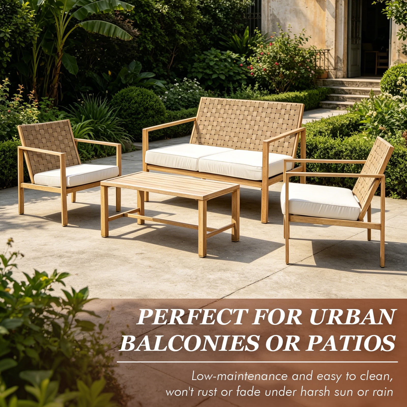 MOONMISS 4 Pieces Metal Patio Furniture Set, Hand-Made Drawstring Outdoor Patio Conversation Sets Outside loveseat with Soft Cushion for Garden-Beige