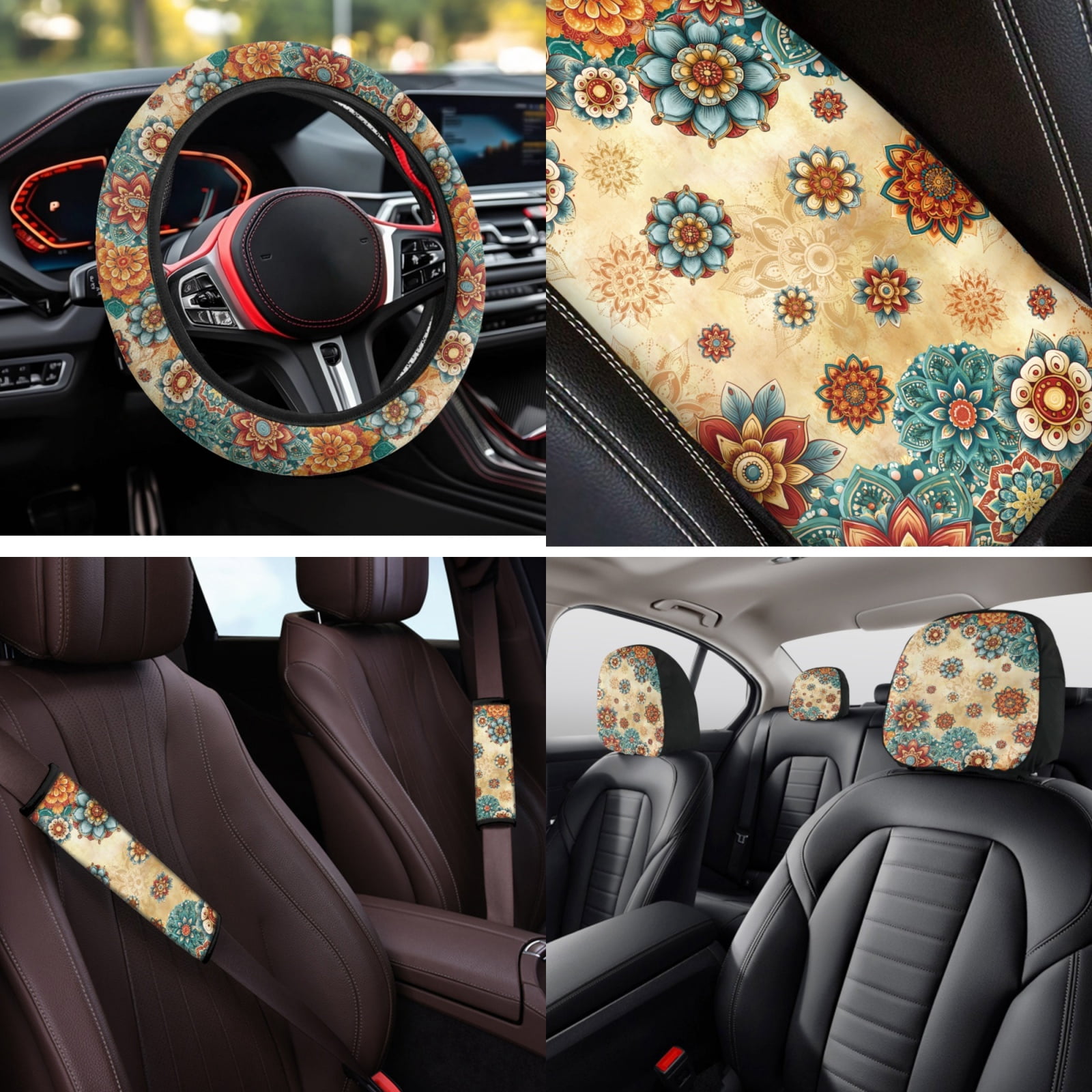 Binienty Boho Dahlia Floral Vehicle Seat Covers Full Set with 15 Inch Steering Wheel Cover Center Console Cushion Seat Belt Covers Coasters Automotive Interior Decor Set 14 PCS​