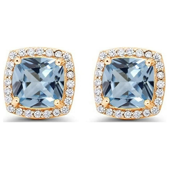 Paris Jewelry 18k Yellow Gold 1/2Ct Created Halo Princess Cut Aquamarine Stud Earrings Plated
