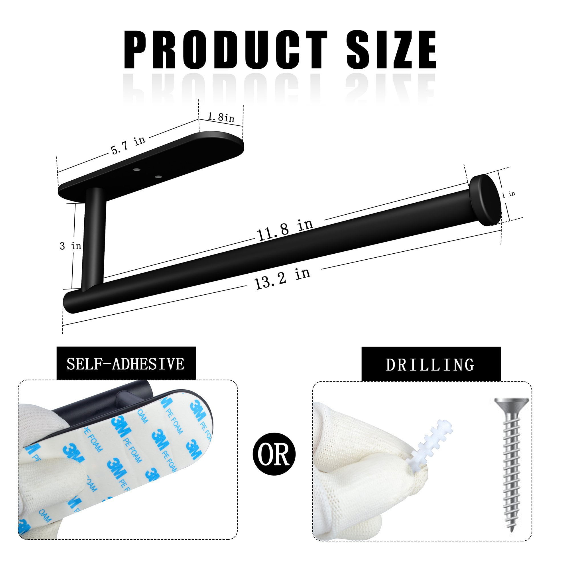 Luniquz Paper Towel Holder Wall Mount, Dual-Use Self Adhesive Paper Towel  Holder Under Cabinet with Screws, 13in (Black)-Paper Towel Rack SUS 304  Stainless Steel for Kitchen & Bathroom 