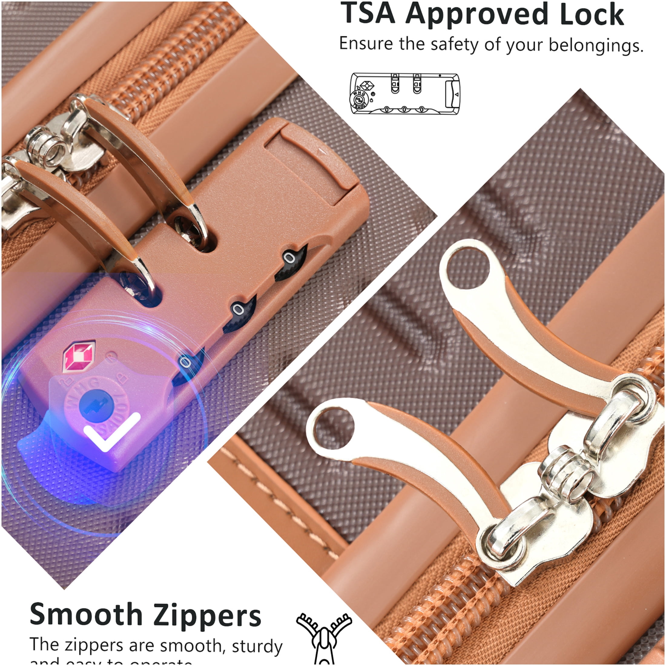 JERFIT 3-Piece Hardshell ABS Suitcase Set with TSA Lock, 360° Spinner Wheels, Lightweight Check-In & Carry-On Luggage for Men and Women, Brown