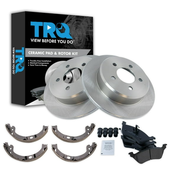 TRQ Rear Brake Pad & Rotor Kit Brake Pads Brake Rotor Parking Brake Shoe Set Ceramic Fits Select 2001-2007 Chrysler Town & Country Dodge Caravan Grand Caravan