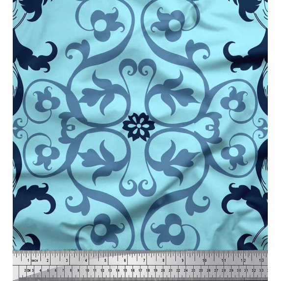 Soimoi Cotton Voile Fabric Swirl & Ogee Damask Decor Fabric Printed Yard 42 Inch Wide