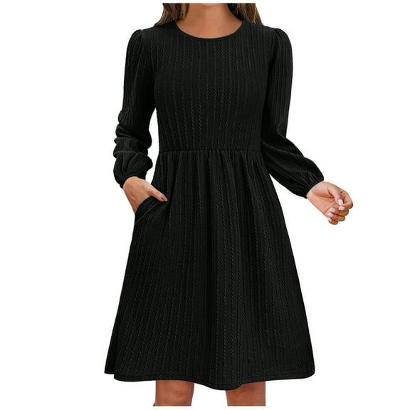 miqiqism Women Vintage Dresses Comfy Long Sleeves Puff Dress Trendy A Line Pullover Skirts Juniors Fashion Slim Fit Crew Neck Dress Juniors Solid Pleated Costume,Black,Small