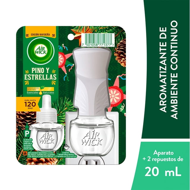 Aromatizante de Ambiente Continuo Liquido Electrico Airwick Pino & Estrellas, un aparato y 2 repuestos de 20 ml c/u.