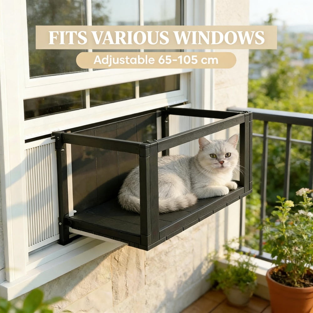 Window Mounted Catio Cat Enclosure with Transparent Acrylic Top Fir Wood Cat Window Perch Black White