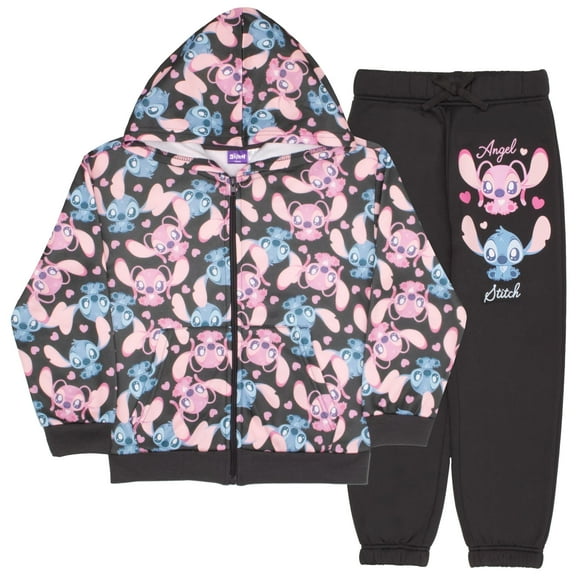 Disney Lilo & Stitch Girl's 2-Piece Fleece Set - Baby Stitch and Angel Zip-Up Hooded Sweatshirt and Joggers Bundle for Kids (Sizes 7-14)