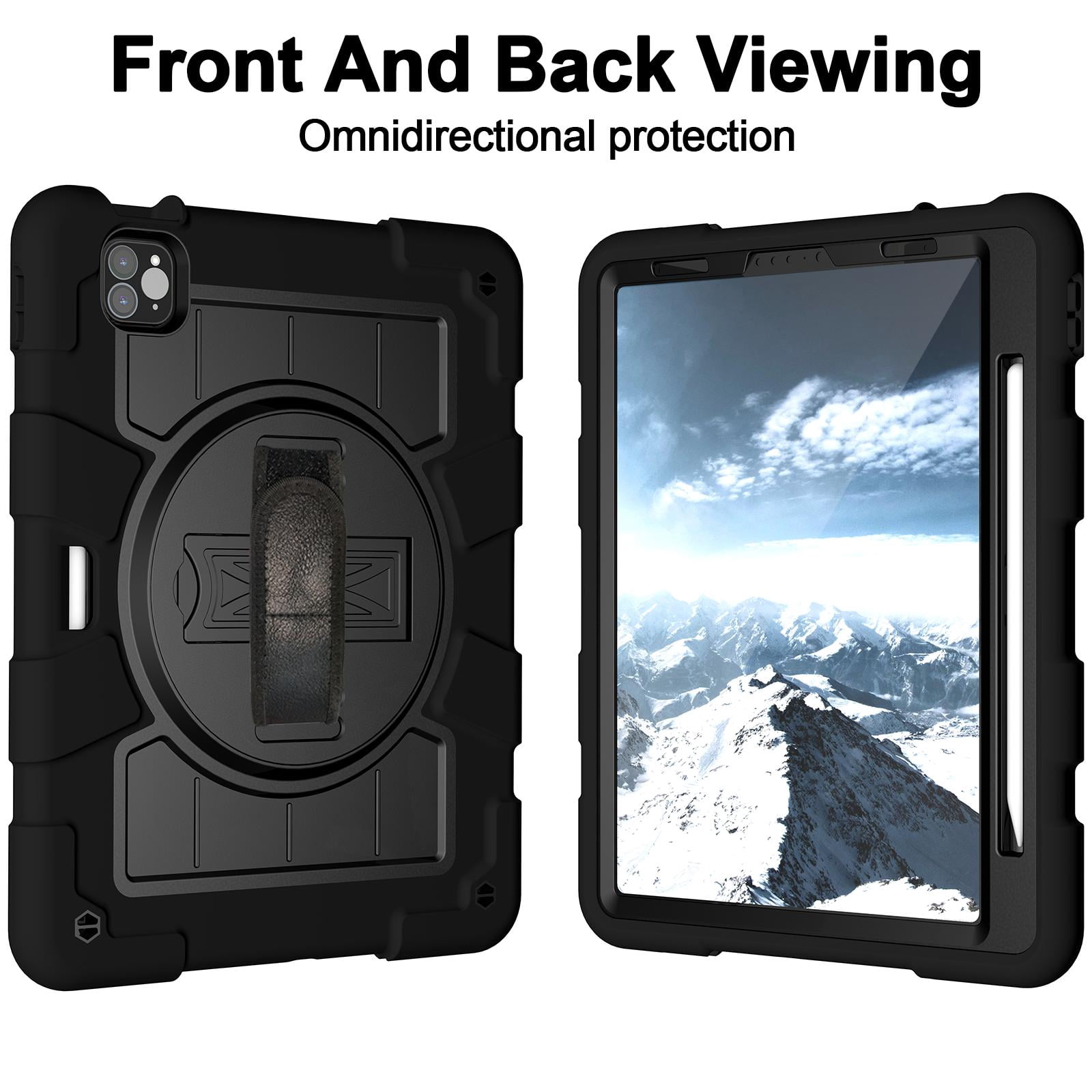 Shockproof Case for Apple iPad Air 11 Inch M4 M3 M2 2026/2025/2024, with Pencil Holder iKids Friendly Hand Strap Shoulder Strap Kickstand Anti-Scratch Case Cover for iPad Air 11",Black