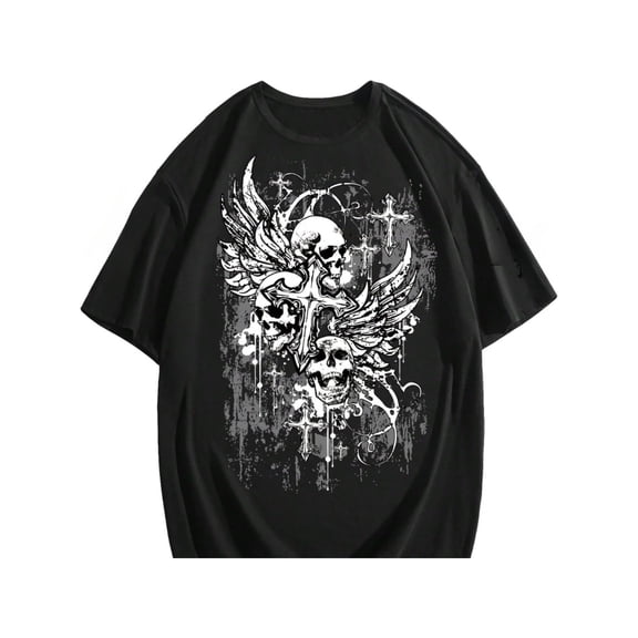 Men's Gothic Grunge Winged Skull Cross Graphic T-Shirt