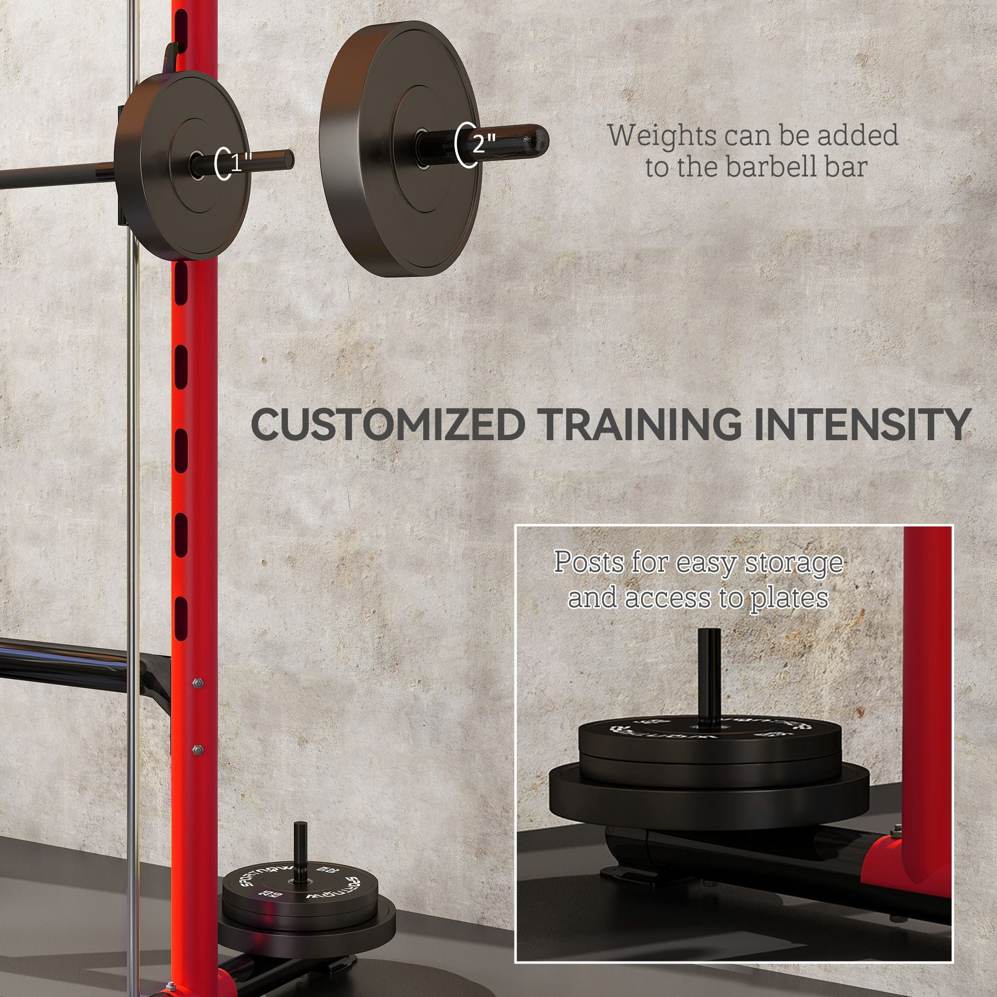 Squat Rack with Pull Up Bar & Adjustable Bench, Half Rack for Weight Lifting, Red