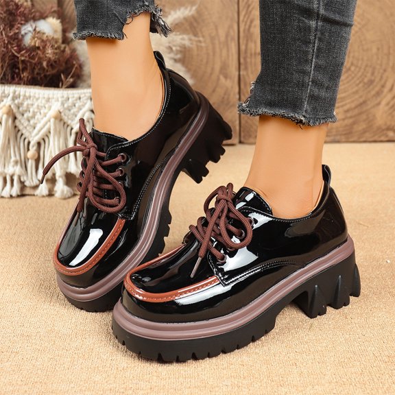 Willtoo Women's Leather Shoes Color Blocking Platform Oxfords Comfortable Pumps Round Toe Chunky Heel Anti-Slip Lug Sole Causal Lace-up Loafers Dress Work Shoes