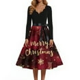 thumbnail image 4 of Women's Christmas Print Flare Dress with Snowflake, Christmas Tree and Snowman Pattern, Long Sleeve V-Neck Vintage Party Dress for Holiday Festive Occasions,Gold,Size 3XL, 4 of 4