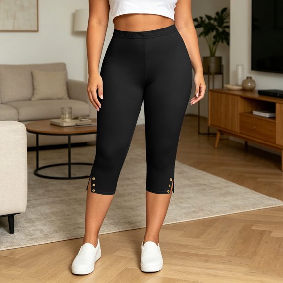 Mifsaly Capris Pants for Women Plus Size High Waisted Yoga Capris Side Slit Hem Workout Running Stretchy Cropped Leggings Black,XXXL