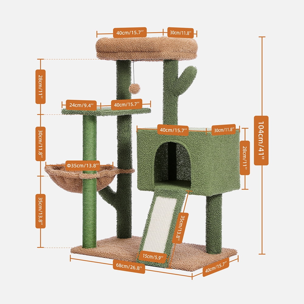 Kadyn Cactus Cat Tree, Cat Tower with Plush Perch &Soft Hammock, Cat Climbing Stand for Indoor Cats, Green+Brown