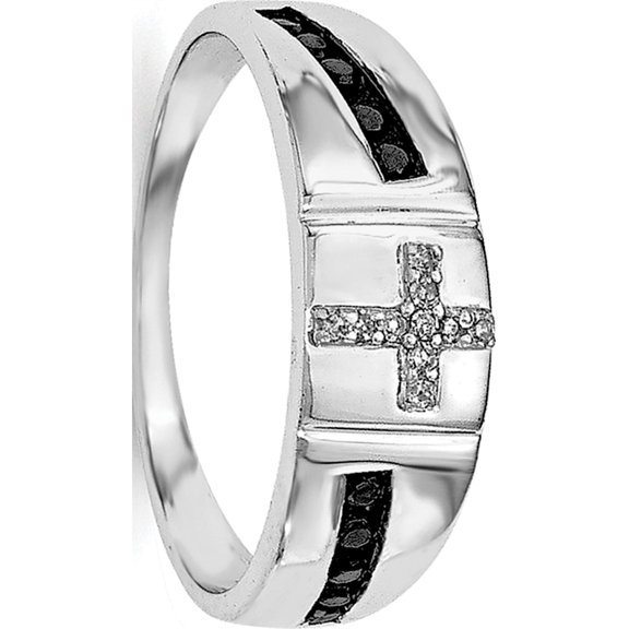 Sterling Silver Rhodium Plated Black And White Diam. Cross Men's Ring (Size 10) Made In India qr6471-10