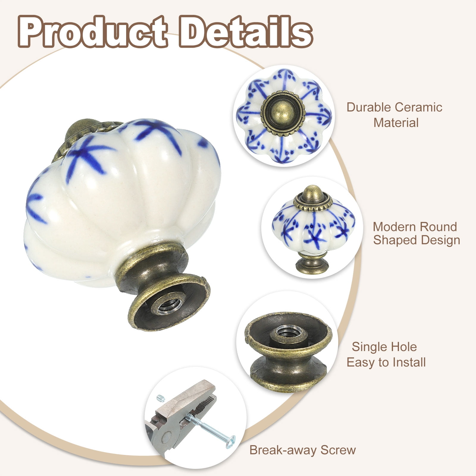Uxcell 6 Pack Ceramic Knobs, 35mm/1.38" Pumpkin Cabinet Knob Drawer Pull Handle Vintage Drawer Knobs with Screws for Vanity Bedroom Furniture Closet, Blue
