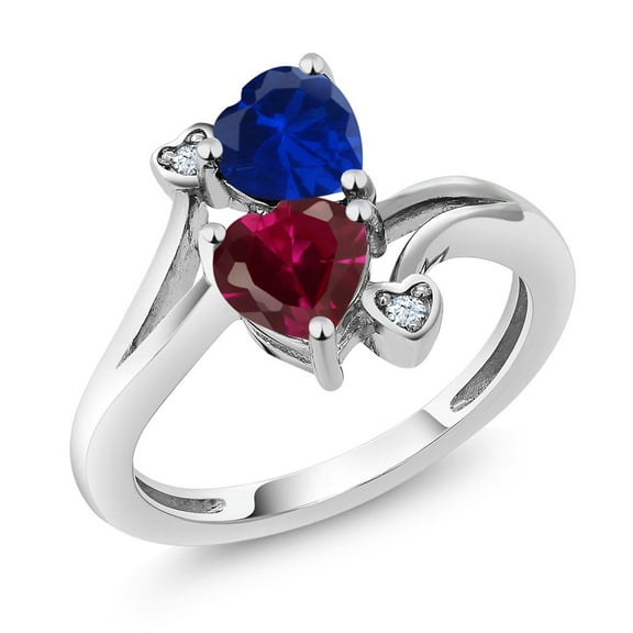Gem Stone King 10K White Gold Blue Created Sapphire and Red Created Ruby Ring for Women (1.79 Cttw, Heart Shape 6MM, Size 8)