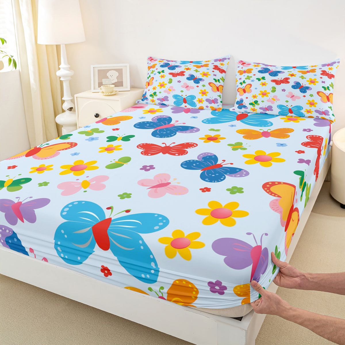 Homewish Multicolor Butterfly Printed Twin Sheet Sets,Rustic Flower Floral Twin Fitted Sheet,Blue Orange Flat Sheet For Girl Kids,Luxury Bedroom Decor,3 Pieces
