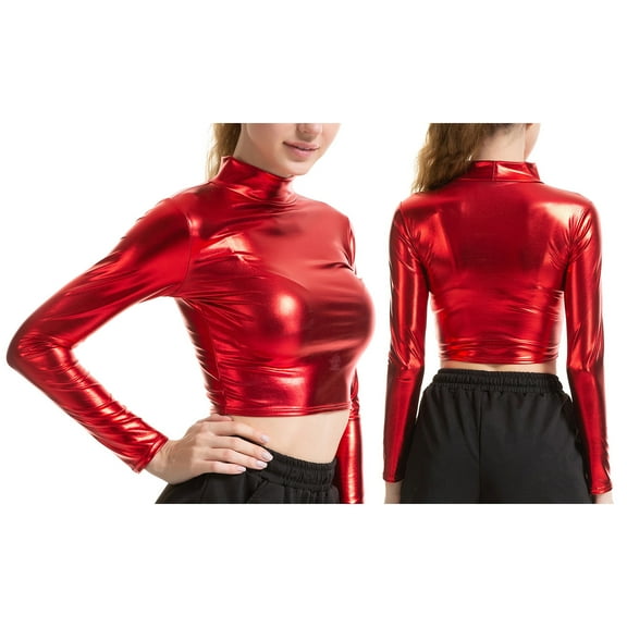 Oyolan Metallic Crop Top for Women's Shiny Shirt Holographic Tank Tops Slim Fitted Blouse Party Red L