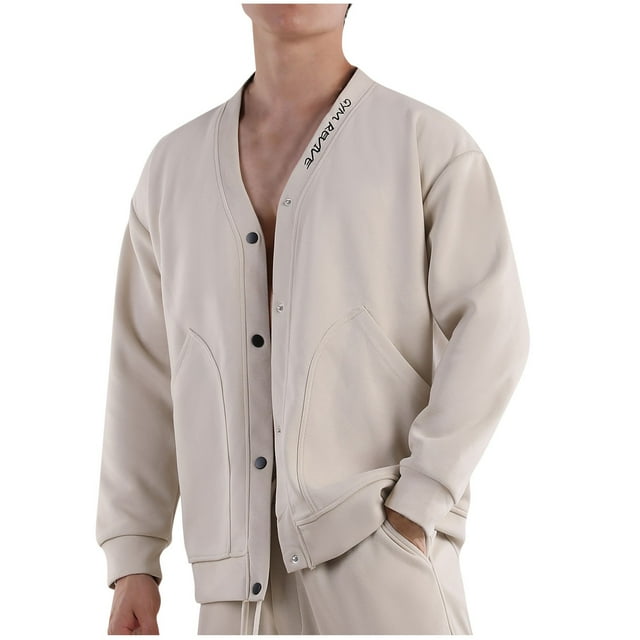 Men's Fashion Casual Solid Color Pockets Buttons Long Sleeve V-Neck Blouses RXIRUCGD Kaki, Taille: 3TG