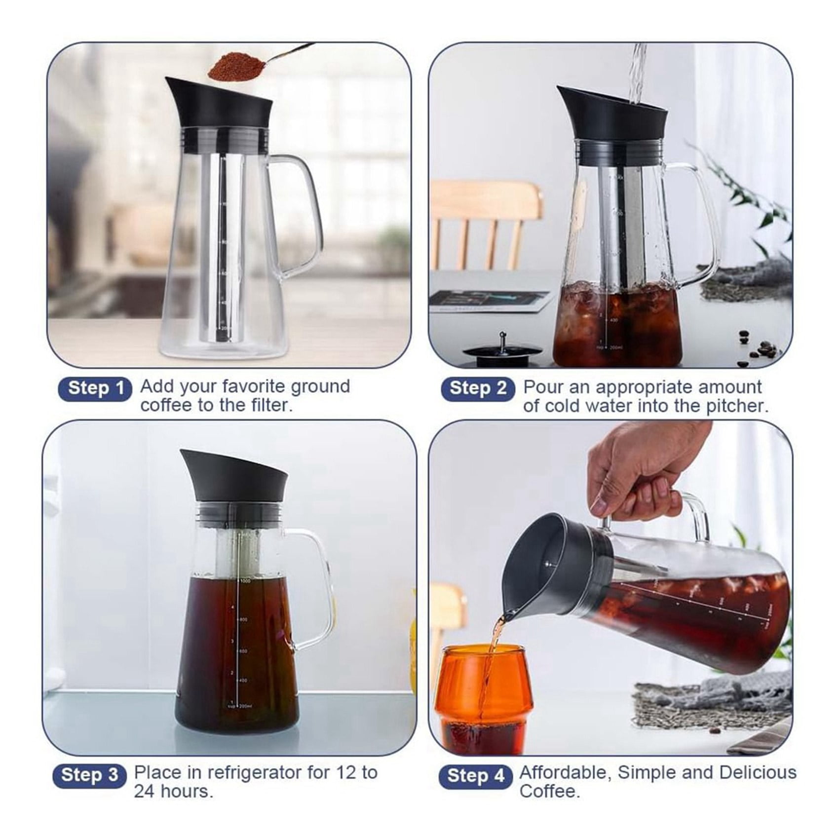 2X Cold Brew Coffee Maker, Iced Coffee Maker Machine, Cold Brew Tea Pitcher Glass and Airtight Lid Coffee Pot 1.2L