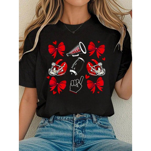 Football Cheer Mom Sister Coquette Bow Game Day Red Black T-Shirt Tee Shirts Women