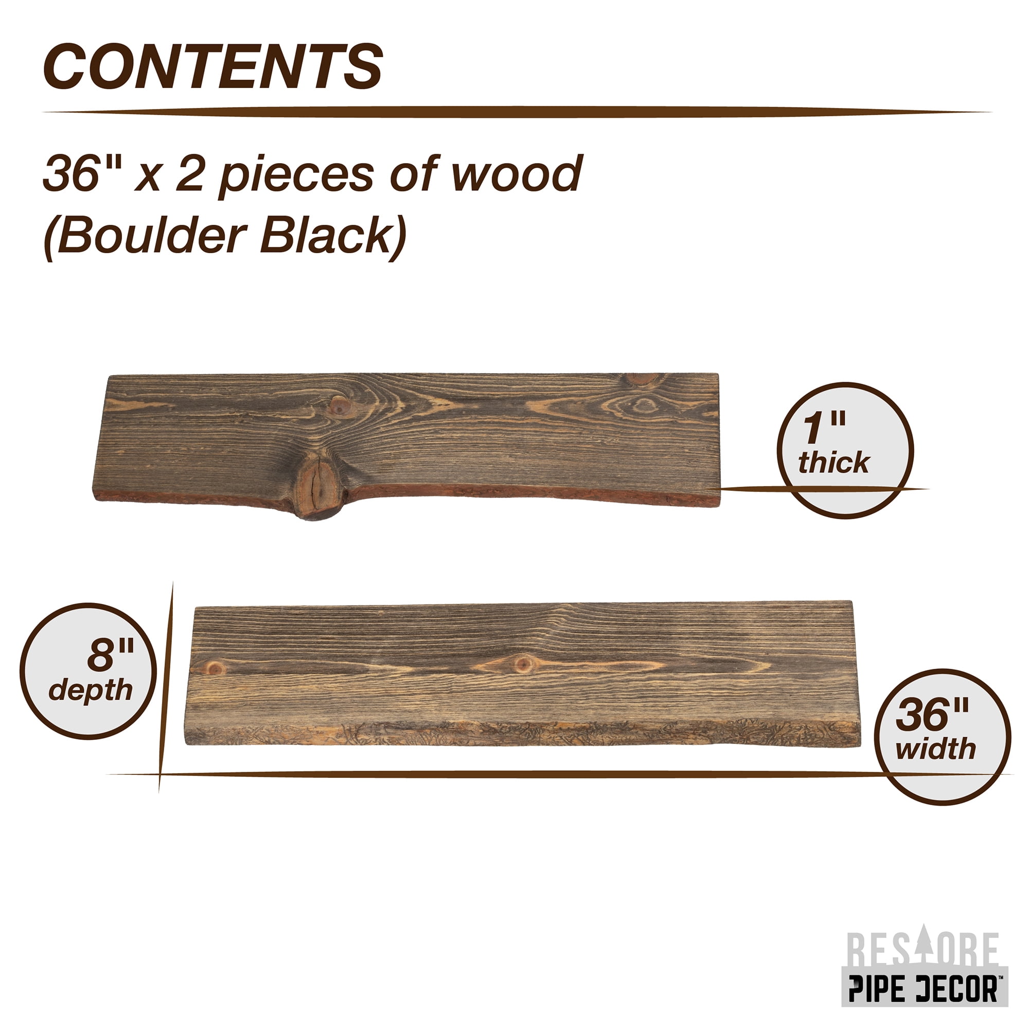 PIPE DECOR 36 in. Live Edge Wood Shelf Boulder Black 2 Pack (Wood Only)