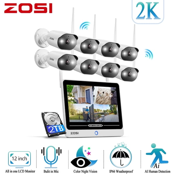 3MP WiFi Security Camera System with 12" LCD Monitor, ZOSI All in one Wireless Security Camera System, 2K Outdoor Wifi Cameras, 2 Way Audio, 100ft Night Vision, 2TB for Home Business 24/7 Recording