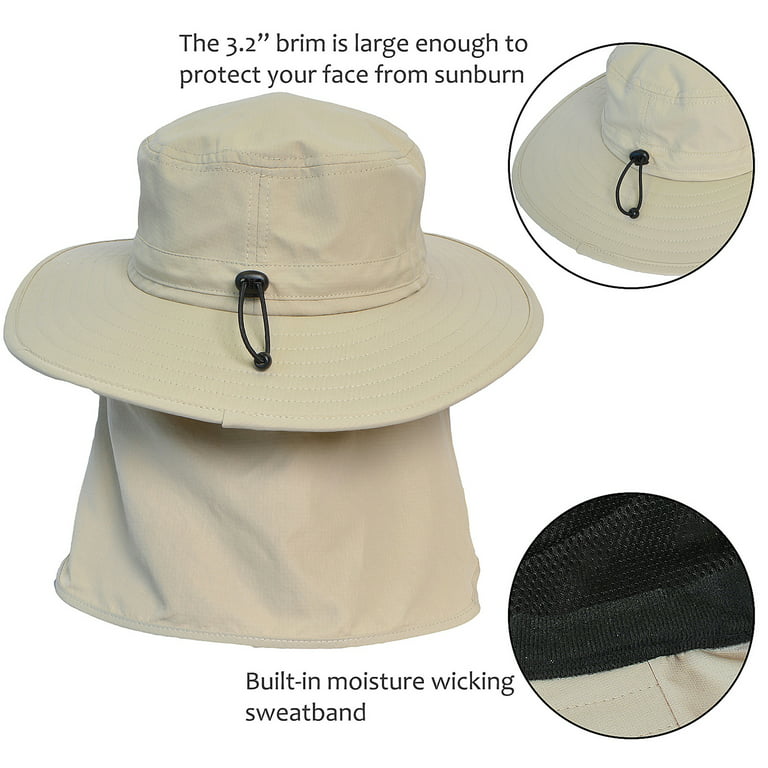 Unisex Fishing Hat with Foldable Neck Flap Cover Wide Brim Sun UV Protection  Hiking Safari Bucket Cap for Bug Free (Khaki) 